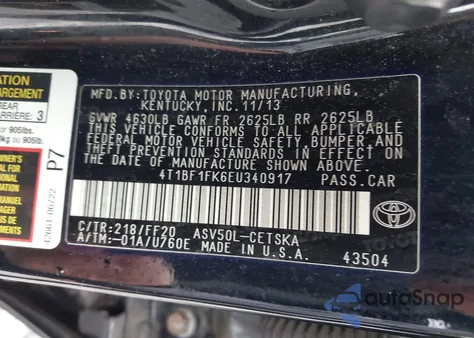 2014 Toyota Camry Se z USA, uszkodzony, nr VIN 4T1BF1FK6EU340917